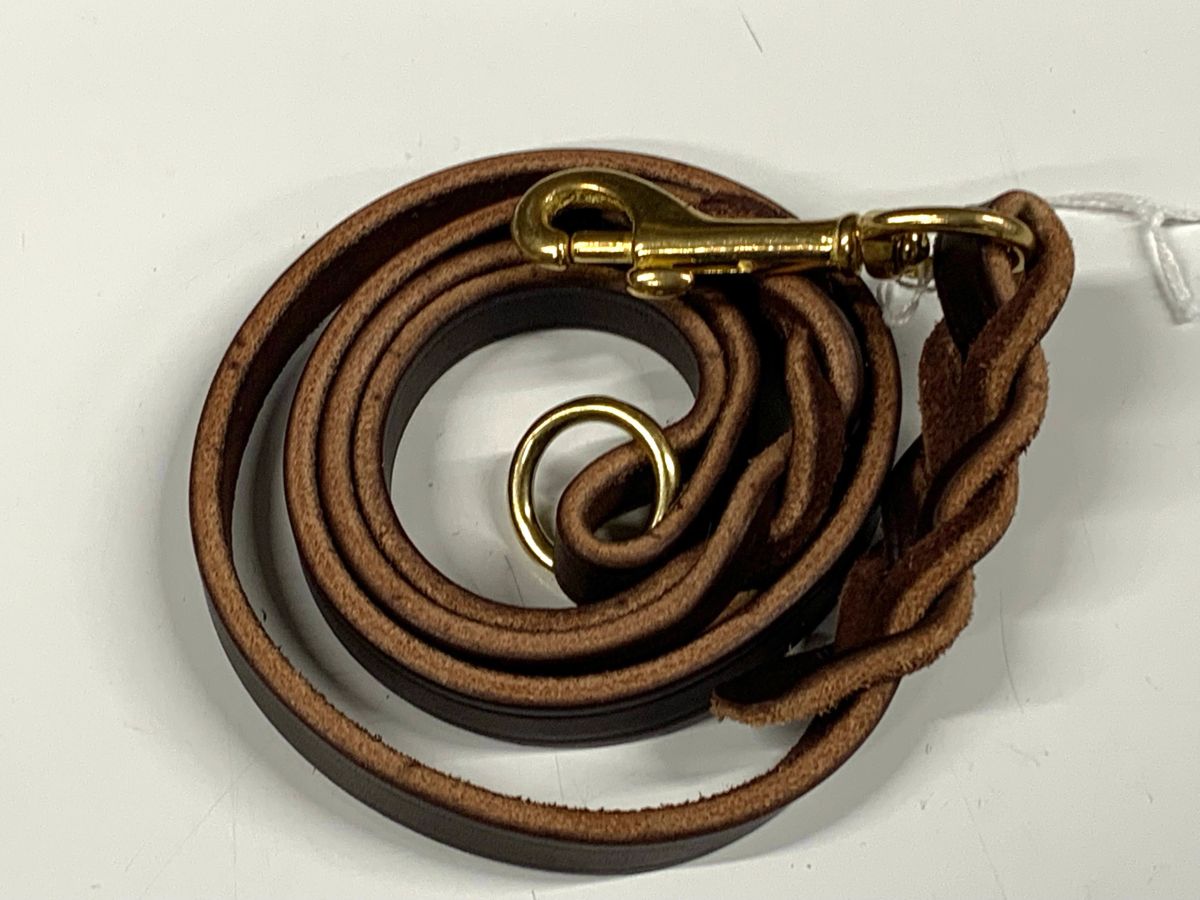 3ft Braided leather obedience leash with brass ring (brown)