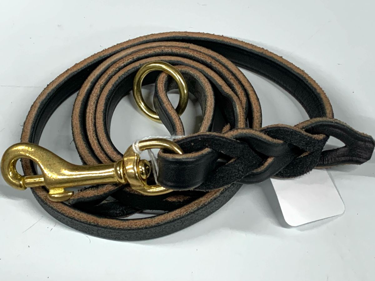 3ft Braided leather obedience leash with brass ring black Fox Hill Pet